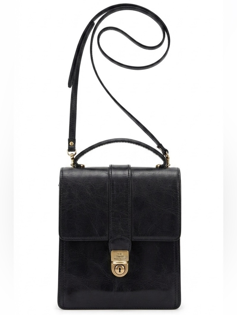 The Trend Black Leather Crossbody Messenger Bag with Top Handle and Gold Lock